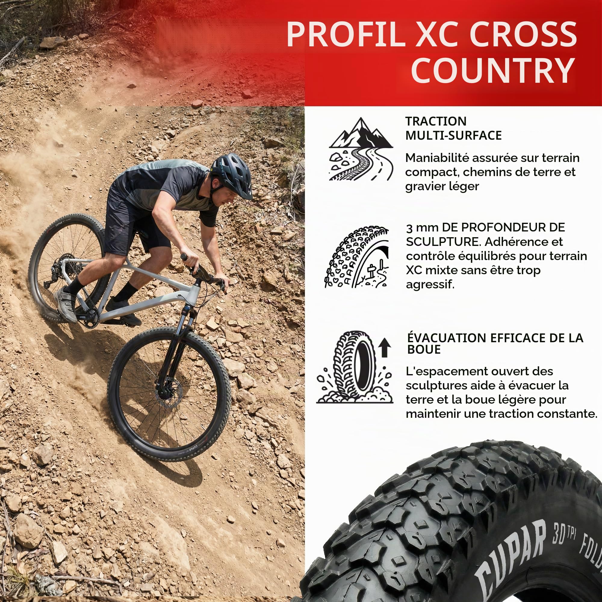Fincci Pneu VTT 26 Pouces 26x2.125 57-559 Pneus Pliables VTC VAE Pack de 2 | Pneus Pliables - 30 TPI 40-60 PSI - Crampons Polyvalents Tout-Terrain Ville pour Électrique Urbain Sentiers Haute Durabilité