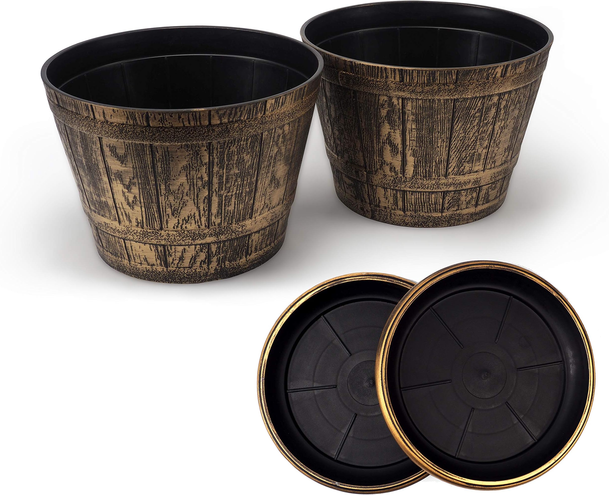 Set of 2 Plastic Whiskey Barrels Rustic Look (2 planters + 2 Matching Saucers) French Country Style Flowerpot Indoor Outdoor Garden Patio Office Home Decor Use Reusable Light Weight (Gold)