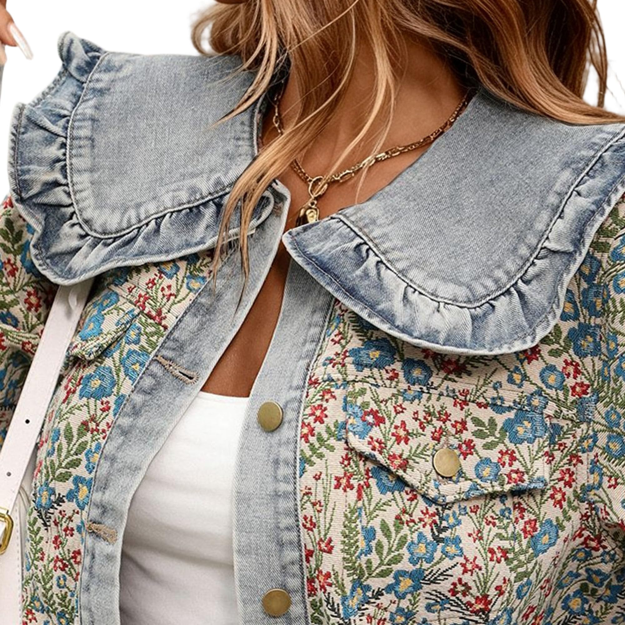 Cappotto di jeans corto patchwork floreale da donna con colletto a volant