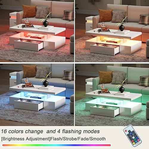 Miniatura 4 de ChooChoo Mesa de centro moderna con LED, mesa central de alto brillo con cajón, mesa auxiliar rectangular con almacenamiento para sala de estar,