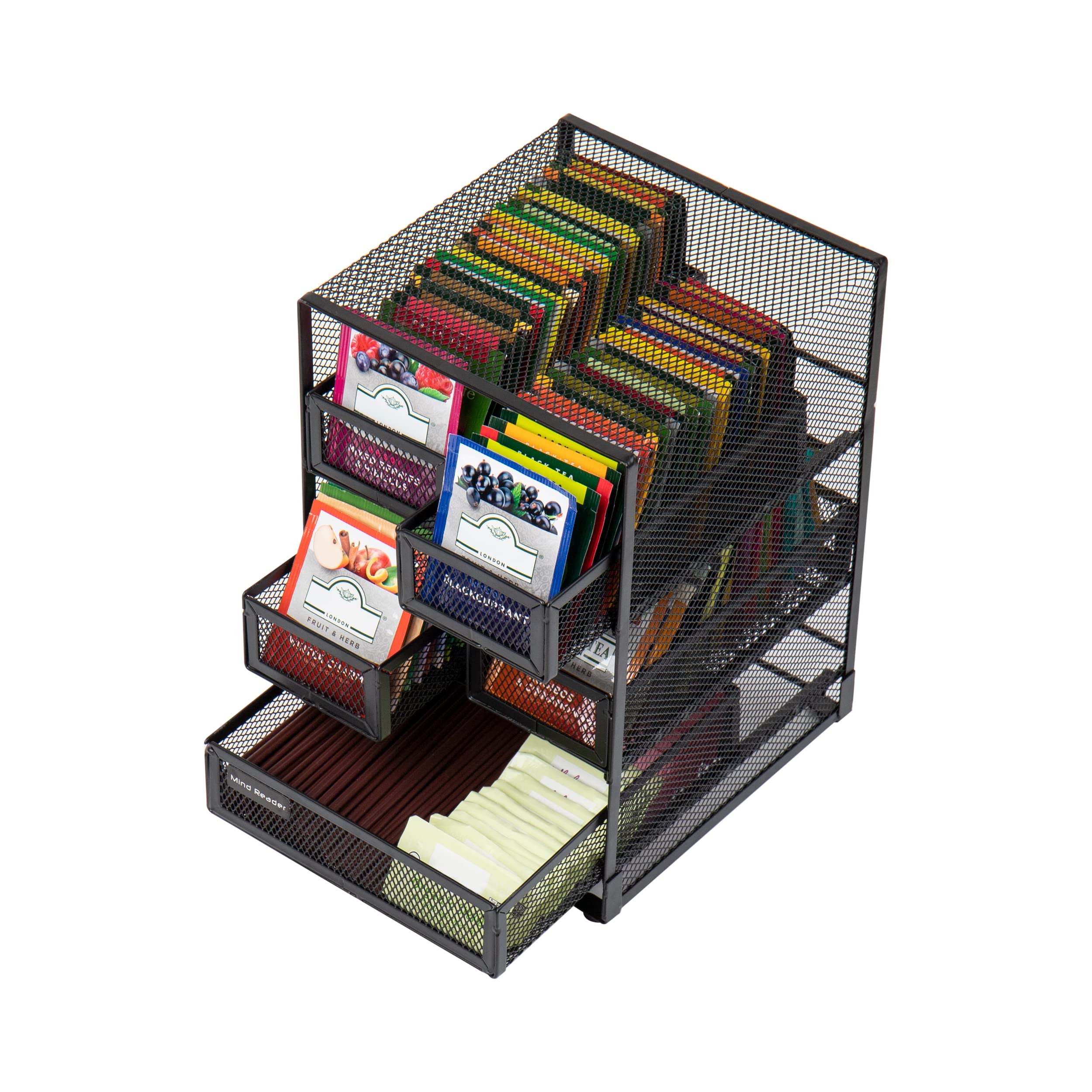 Mind Reader Network Collection, 5-komorowy organizer na herbatę, pojemność 120 torebek na herbatę, organizer na blat, metalowa siatka, czarny