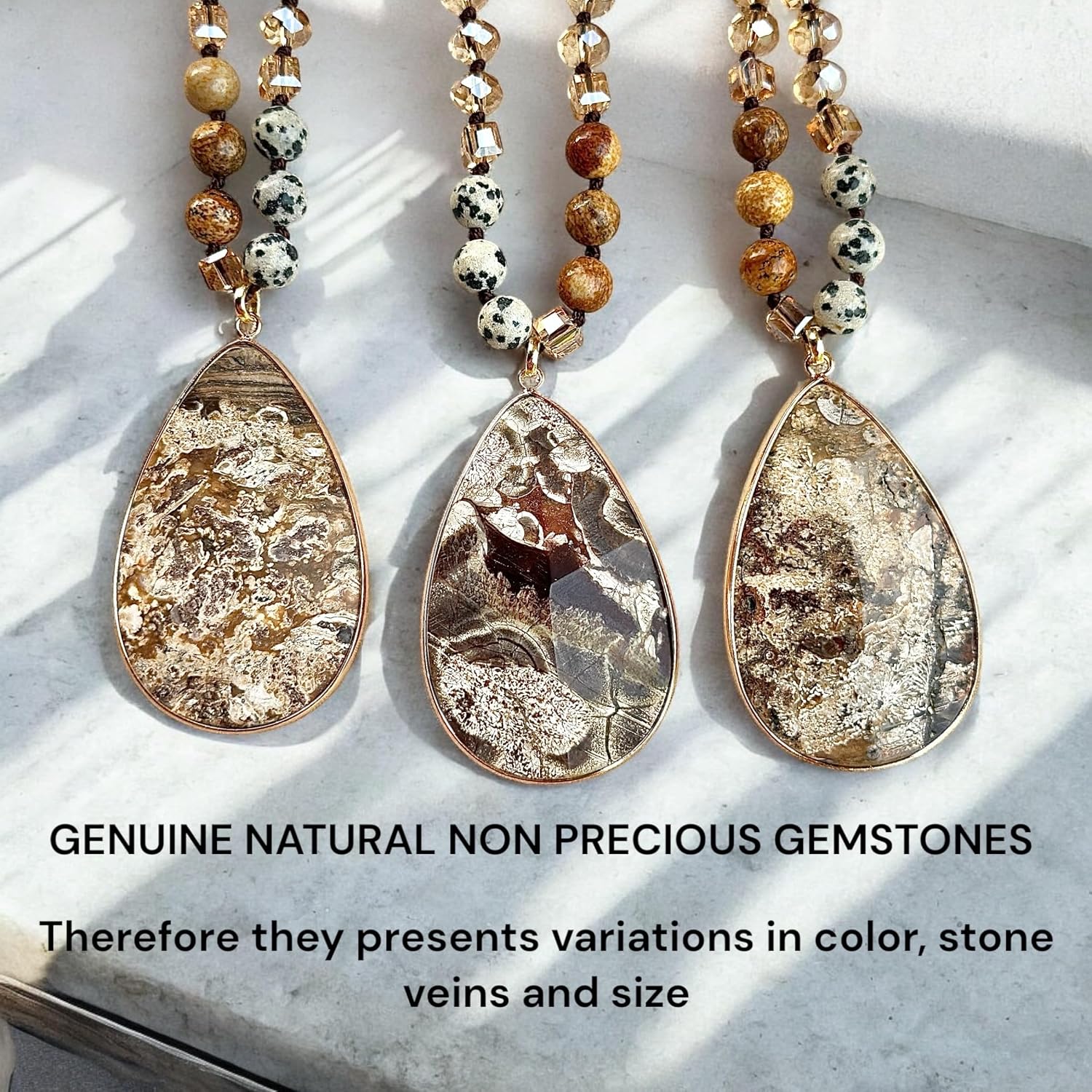 Long Genuine Stone beads and Pendant Necklace for Woman. Hand Knotted natural stone beads with big non-precious stone statement necklace. HANDMADE Boho Jewelry for women.