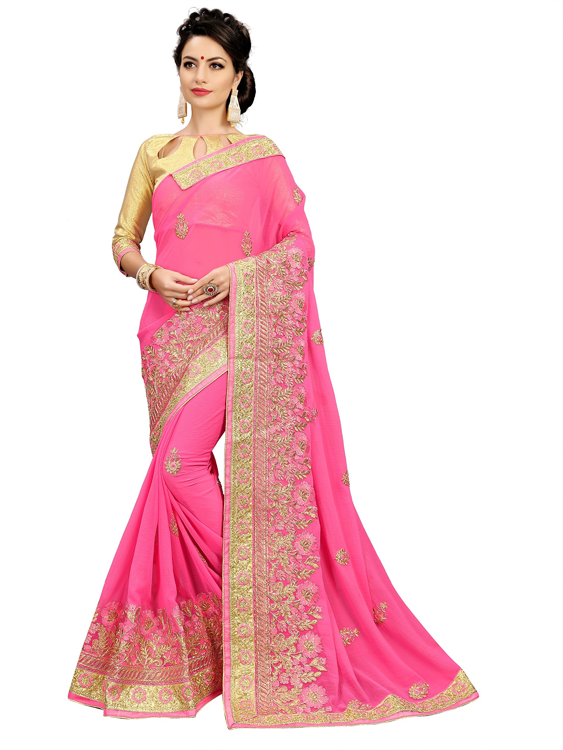 DHANLAXMI ENTERPRISE Women's Gerogette Saree With Blouse Piece (Pink & Beige)
