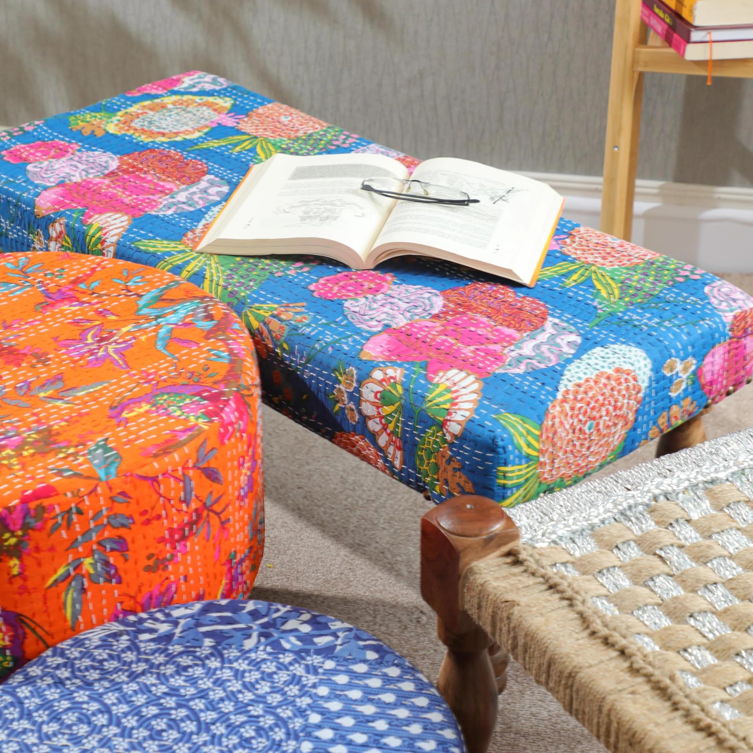 Amazon.com: Desi Favors Blue Kantha Bench - Indian Cairo Wooden