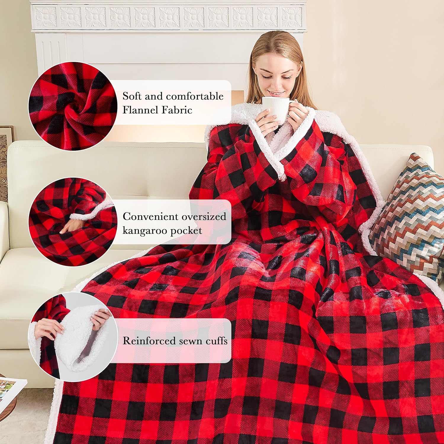 Ramees Sherpa Wearable Blanket with Sleeves and Pockets, Soft Warm TV Blanket Throw for Men and Women - Image 3