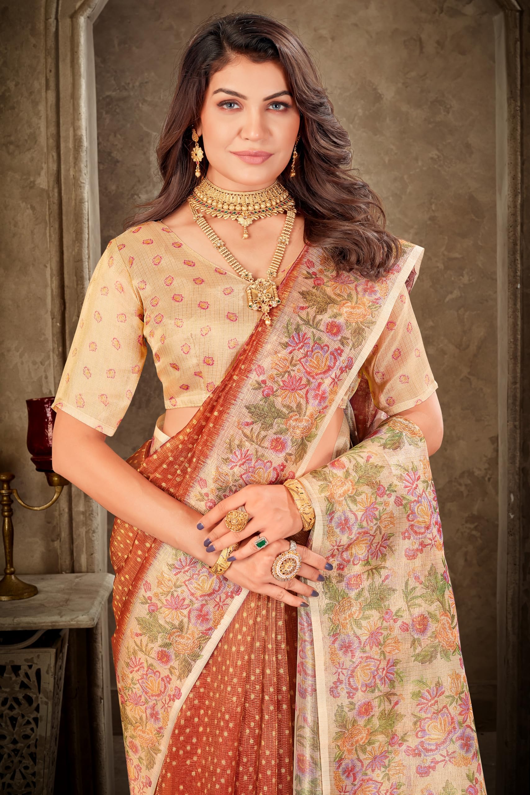 Glory Sarees Women’s Tissue Silk Digital Print Saree With Blouse Piece (TissueSilk101_Mustard) 4