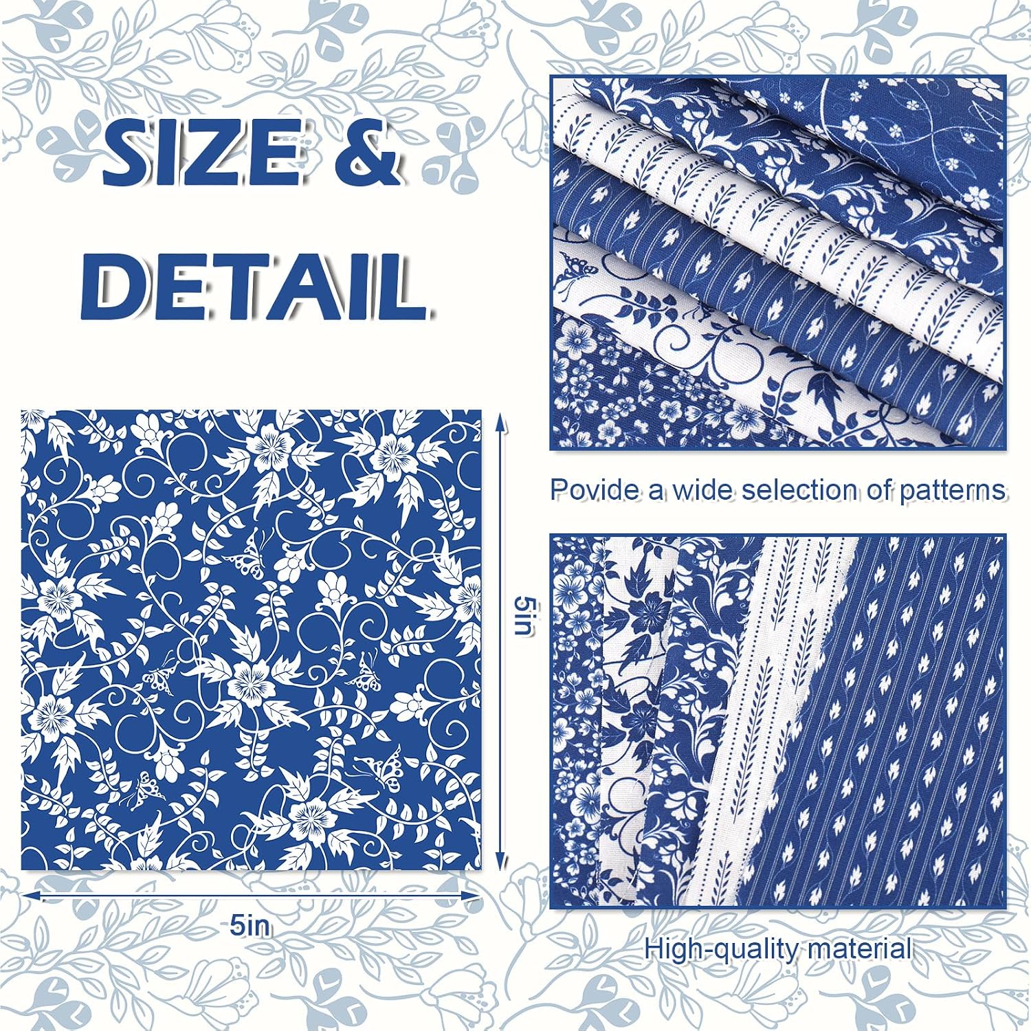 Whaline 60 Pcs Flower Cotton Fabric Bundles Blue White Floral Fabric Squares Chinoiserie Flower Mini Sewing Fabrics for DIY Handmade Crafting Party Decor, 5 x 5 Inch