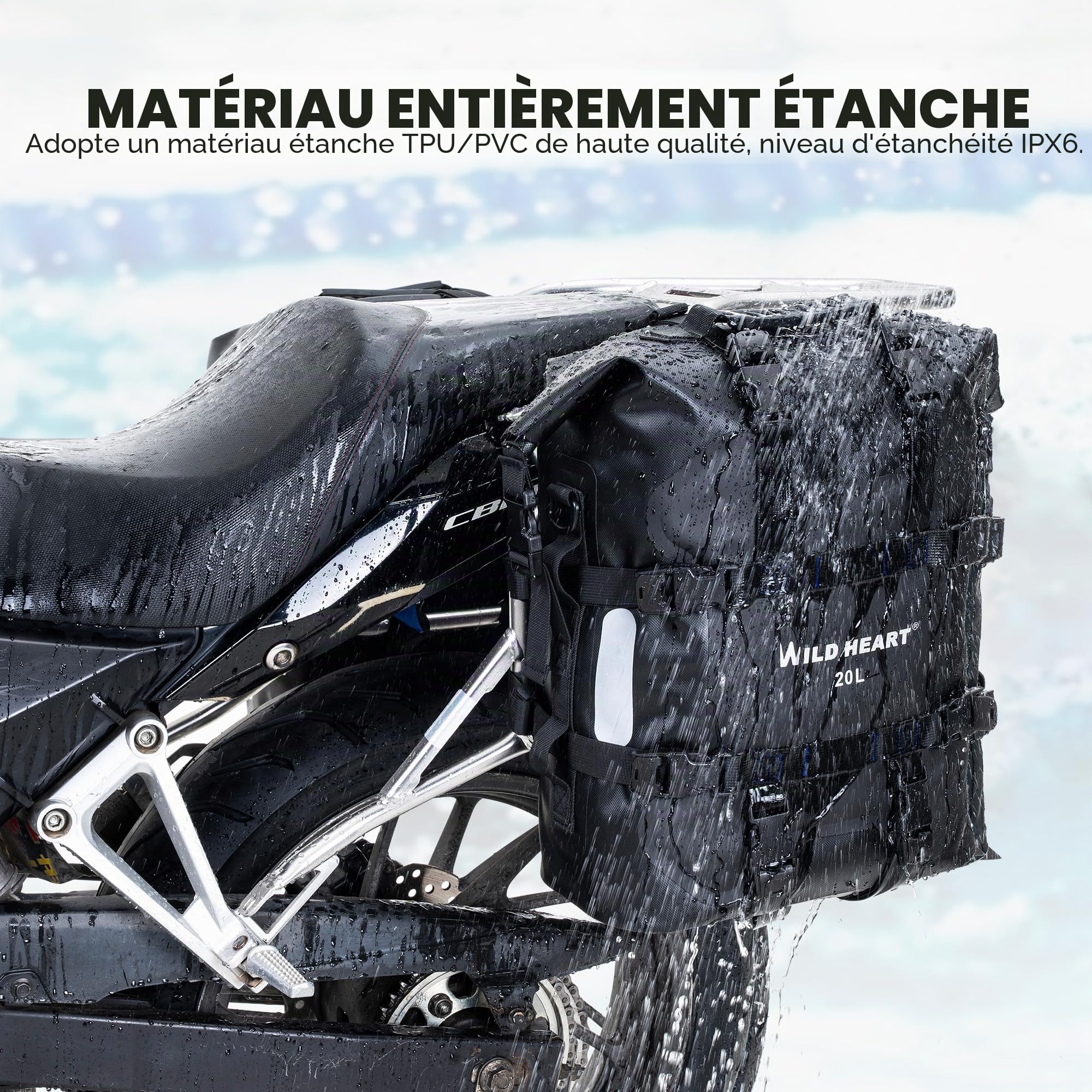 WILD HEART Sacoche latérale de Moto Suspension en Acier Inoxydable Sac étanche Sacoche de Selle 20L/25L Sac étanche Pianner Bag Résistant à l'usure Accessoires de Moto D'usage (Noir, 20l,One Pcs)