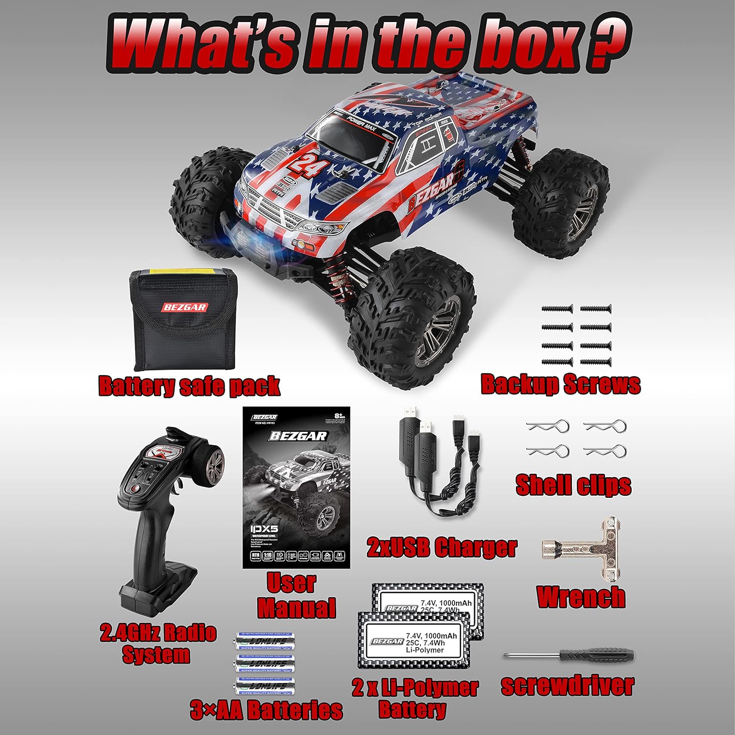 BEZGAR 6 Hobby Grade 1:16 Scale Remote Control Truck, 4WD High Speed 40+ Kmh All Terrains Electric Toy Off Road RC Monster Vehicle Car Crawler with 2 Rechargeable Batteries for Boys Kids and Adults: Toys & Games