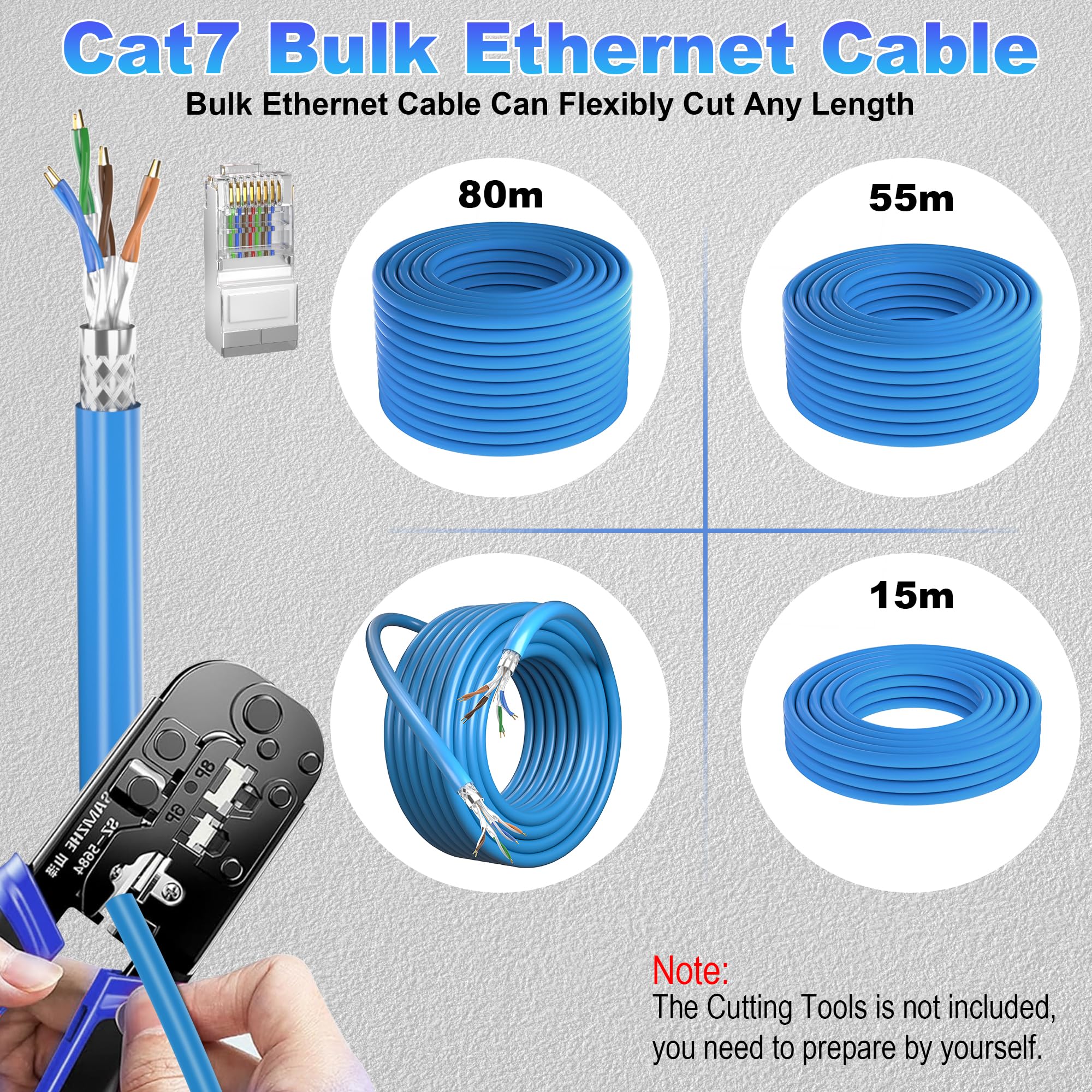 Cat7 Cavo Internet 150 metri, Sepoltura Diretta Cavo Ethernet Lunghezza personalizzabile(0-150m), Interno/esterno Impermeabile Cavo di Rete, SFTP Triplo Schermato Cavo LAN. Con 20 connettori RJ45