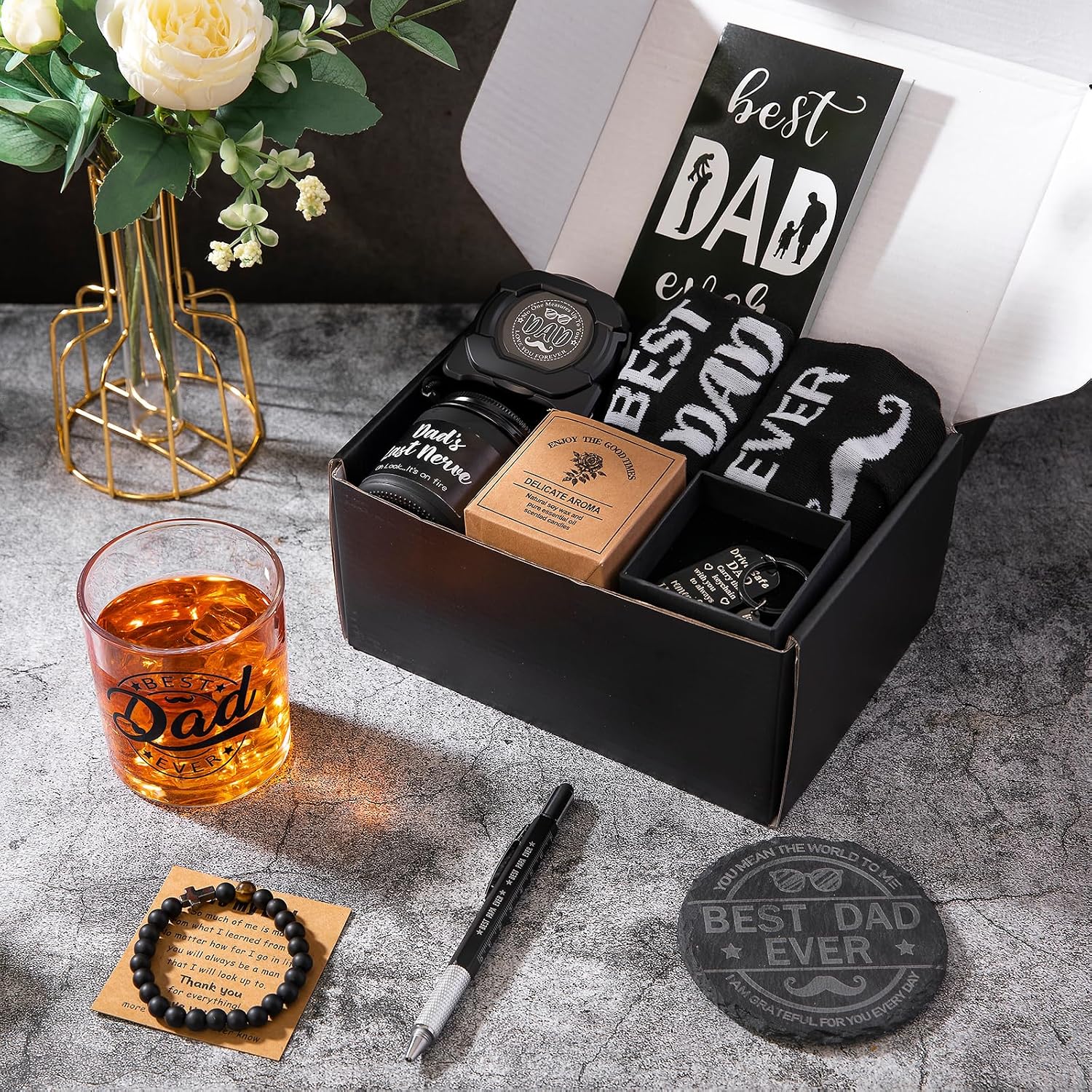 Gifts for Fathers Day, Best Dad Ever Gift Basket for Dad Birthday - Cool Unique Father Ideas from Daughter Son Kids with Glass Candle Socks Bracelet, Funny Present Box for Men Christmas
