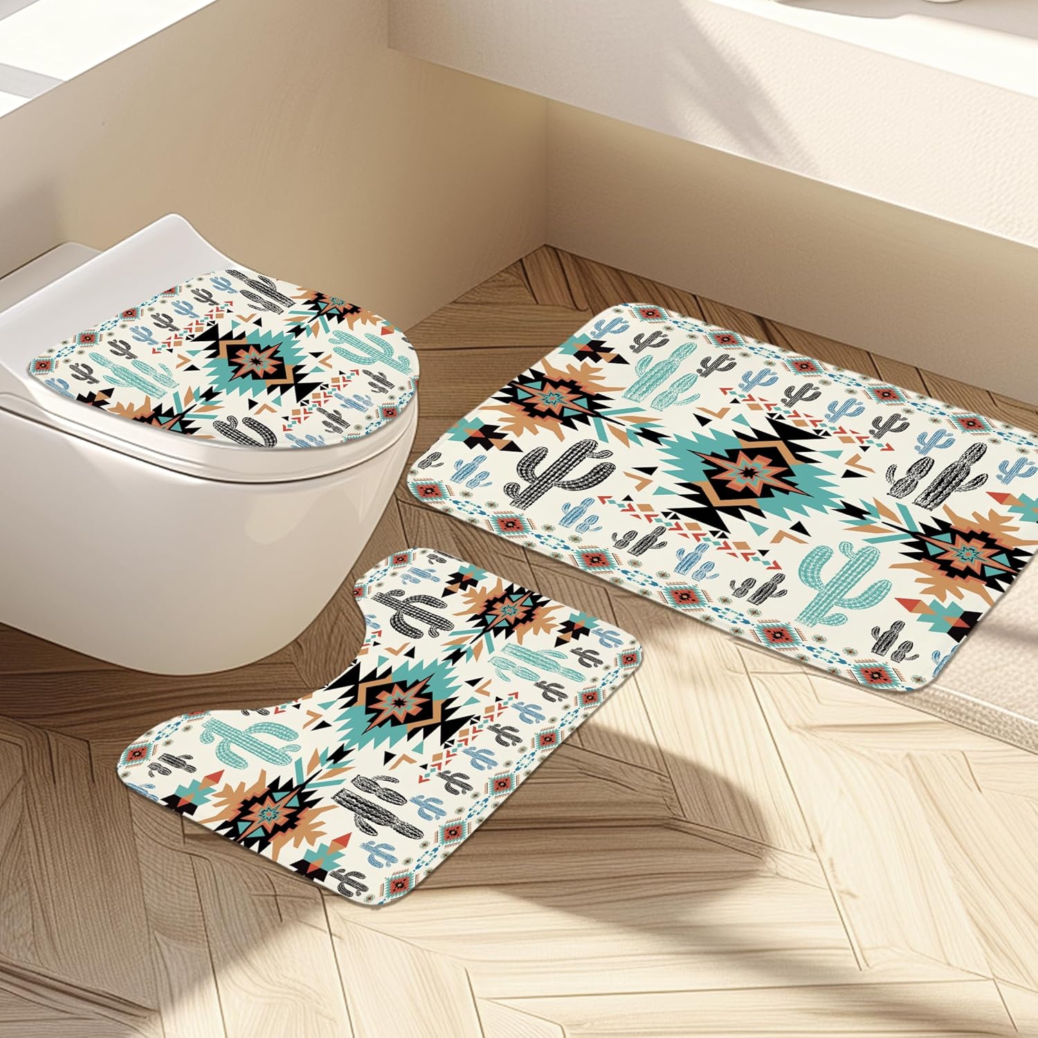 Newsely 4Pcs Green Western Aztec Shower Curtain Set with Non-Slip Rugs, Toilet Lid Cover and Bath Mat, Abstract Boho Tribal Shower Curtain with 12 Hooks, Geometric Bath Curtain for Bathroom Decor
