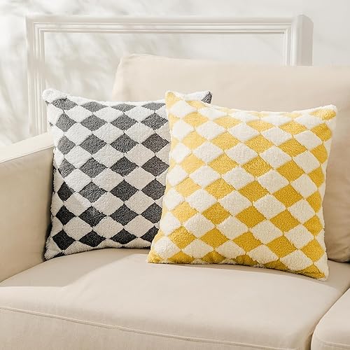 Juego de 2 fundas de cojín decorativas de 18 x 18 pulgadas, fundas de cojín con patrón de tablero de ajedrez de estilo lujoso, almohadas de lana