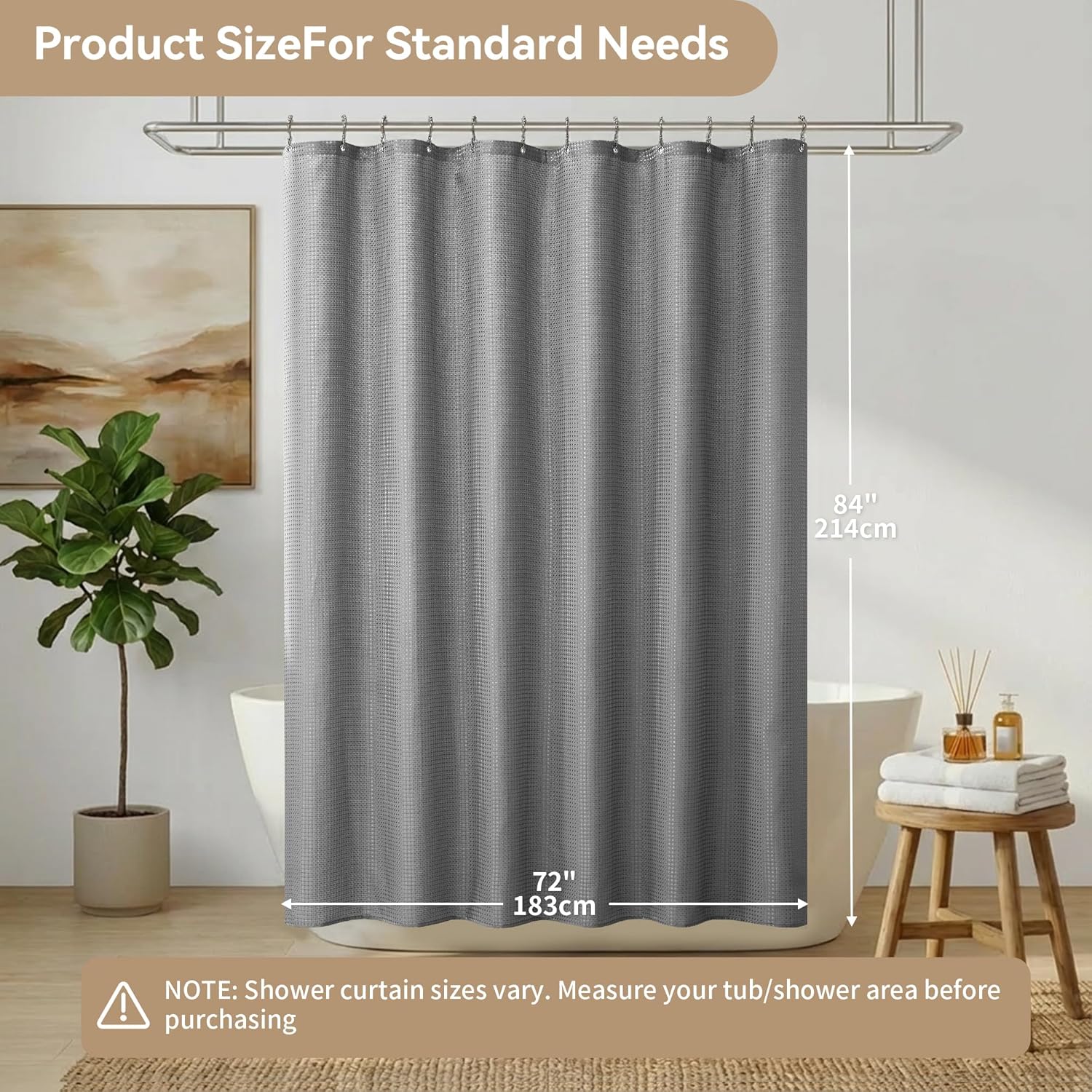 3 in 1 Shower Curtain Set, Waffle Shower Curtain and Liner Set with 12 Double Sided Shower Curtain Hooks, 72 x 84 Fabric Shower Curtains for Bathroom, Grey