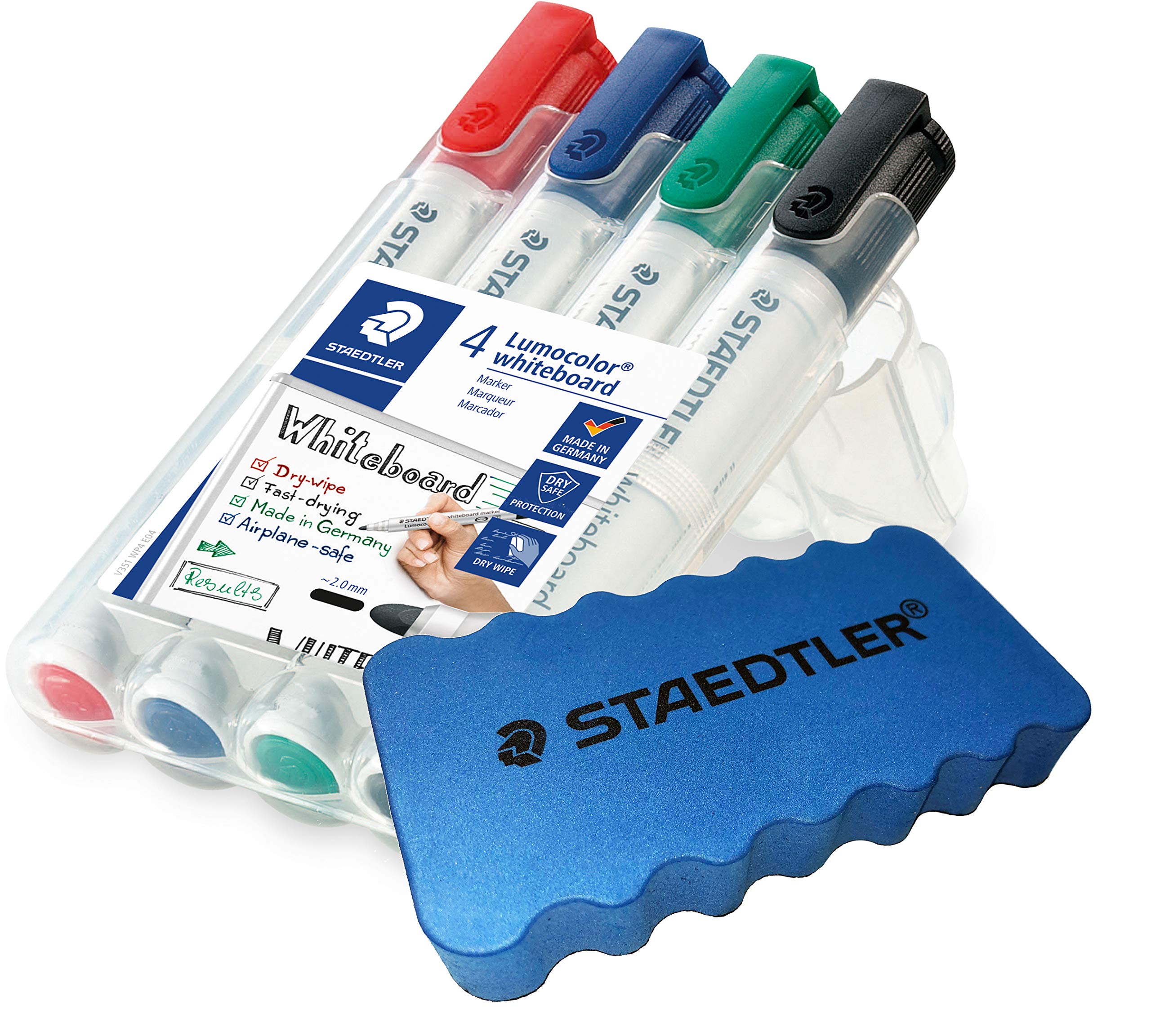 Rotulador Staedtler Lumocolor 351 WP4, punta redonda de aprox. 2 mm de ancho de línea, juego con 4 colores, alta calidad + borrador original Staedtler
