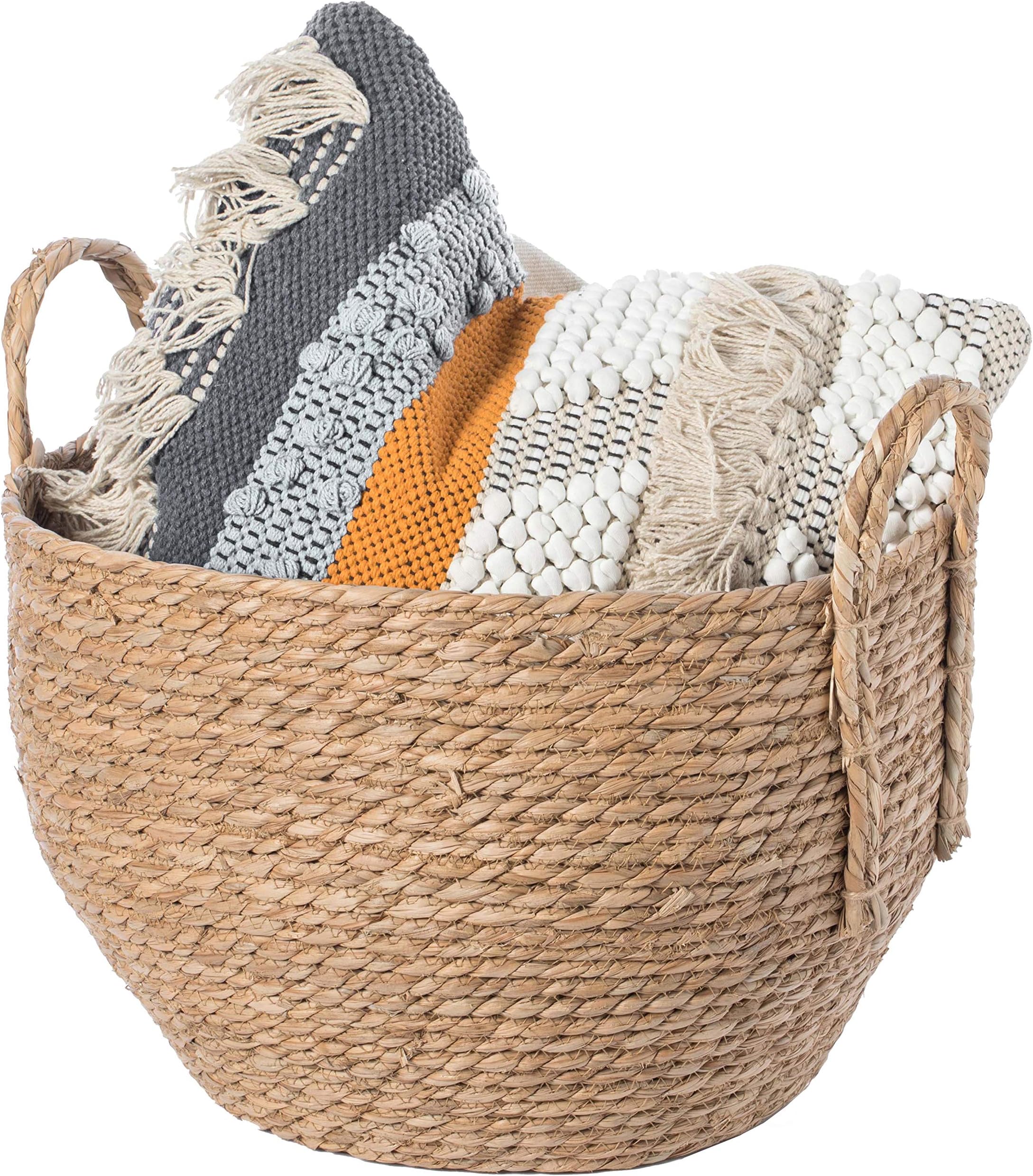 VintiquewiseDecorative Round Wicker Woven Rope Storage Blanket Basket with Braided Handles - Large