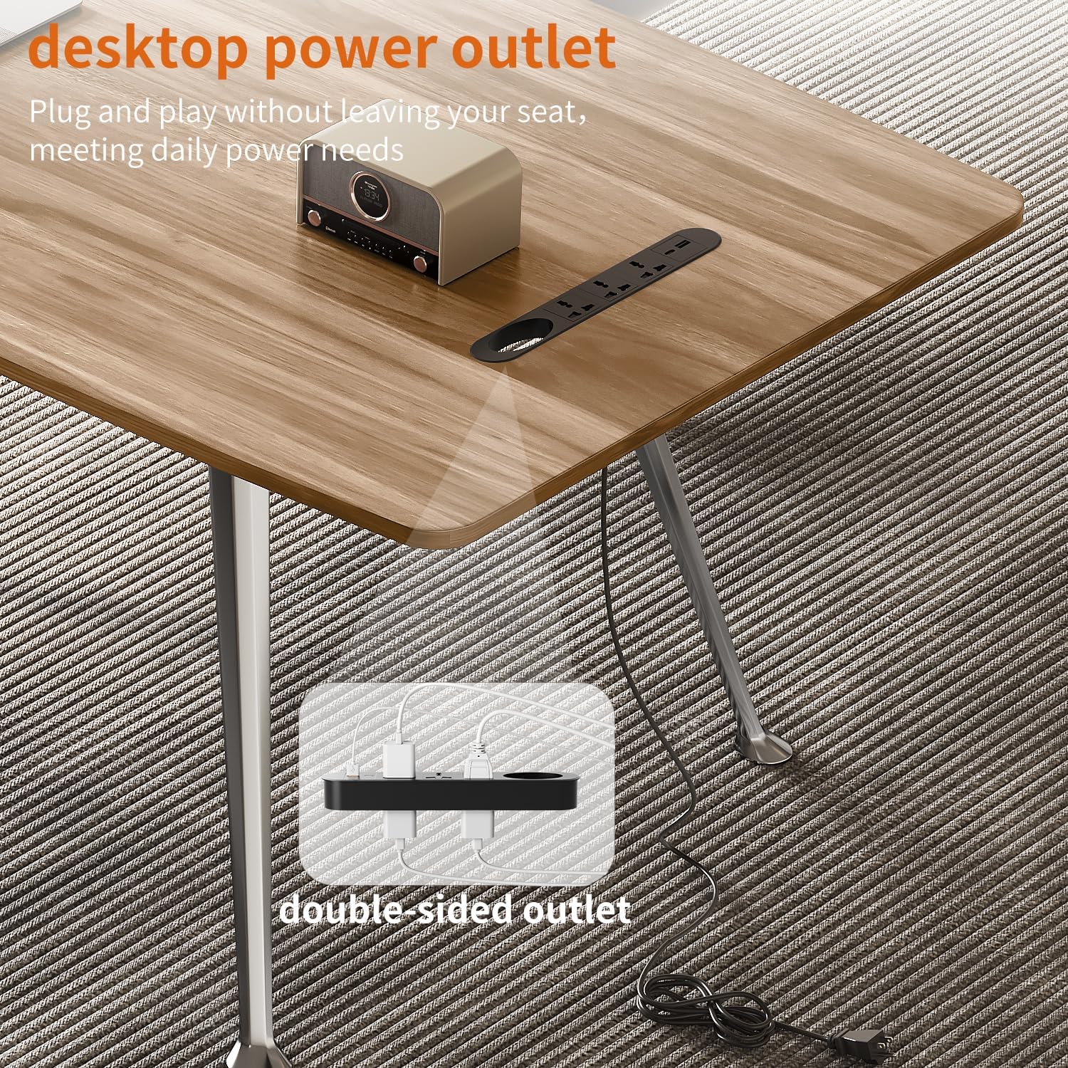 60-Inch Executive Desk, Modern Desk for Home Office, Wooden Study Writing Work Table with Power Outlets and USB-C Port, Large Legroom, Sturdy Metal Frame, Mid-Century Modern Simple, Light Brown