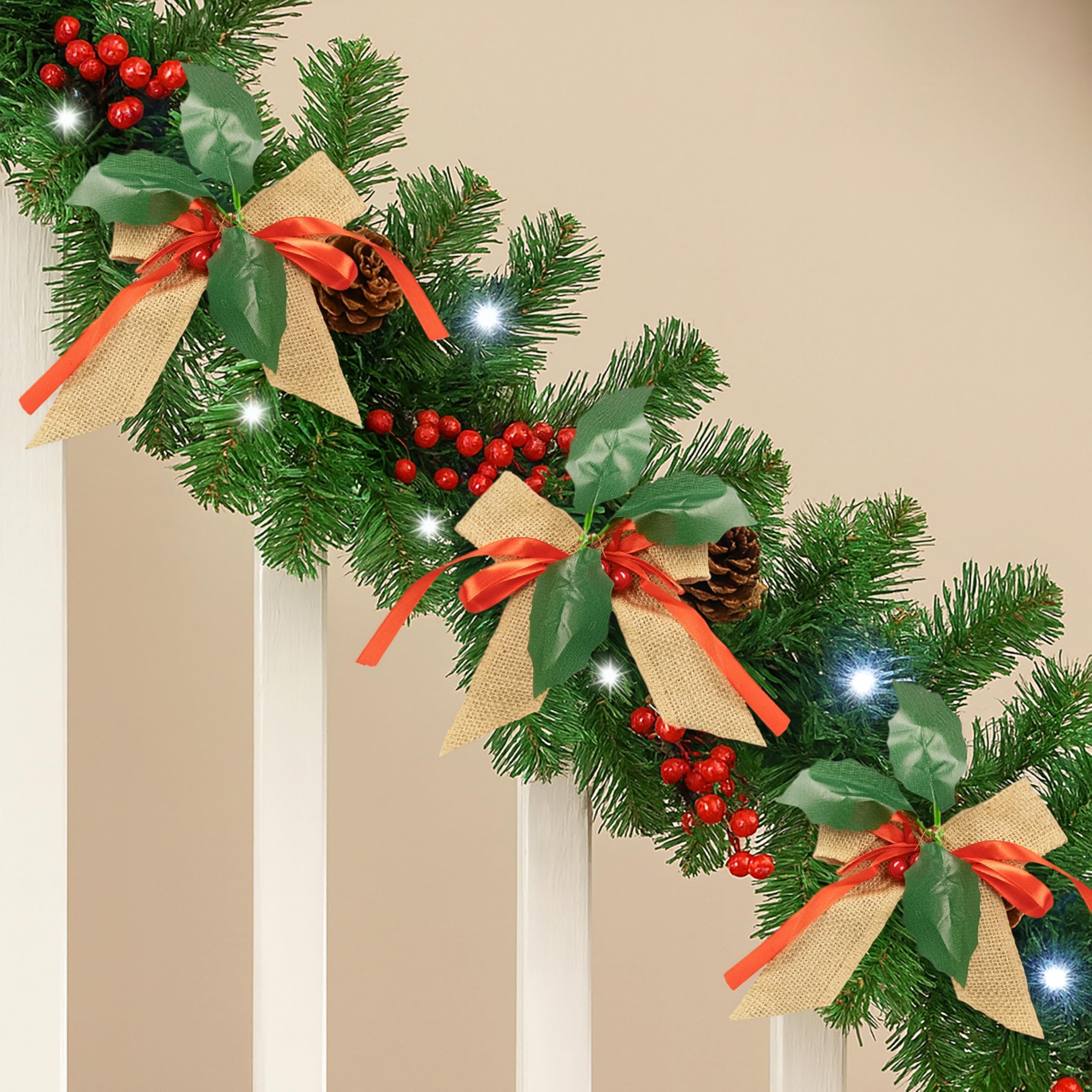 Garden Mile 9ft Luxury Prelit Christmas Garland with LED Lights DIY Warm & Bright White Garland with Hesian Bows Berries & Pinecones - Christmas Garland for Stairs Doors & Fireplace Light Up Decor