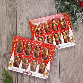 Mini Christmas Chocolatey Reindeer Gift Box, 8 Individually Wrapped Candies Inside, Holiday Candy for Parties, 1.83 Ounces