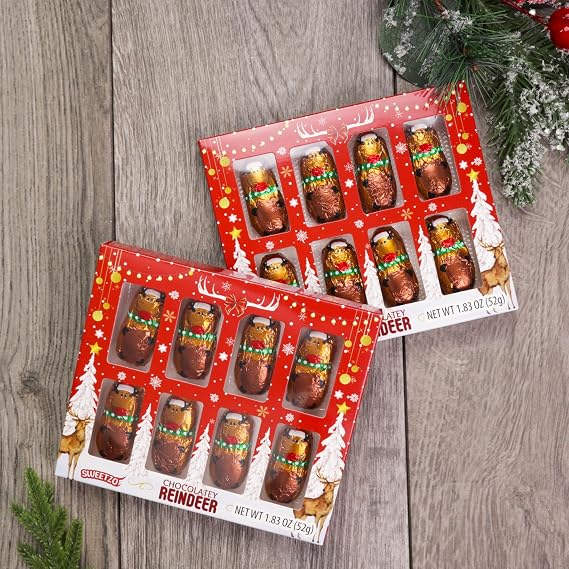 Mini Christmas Chocolatey Reindeer Gift Box, 8 Individually Wrapped Candies Inside, Holiday Candy for Parties, 1.83 Ounces