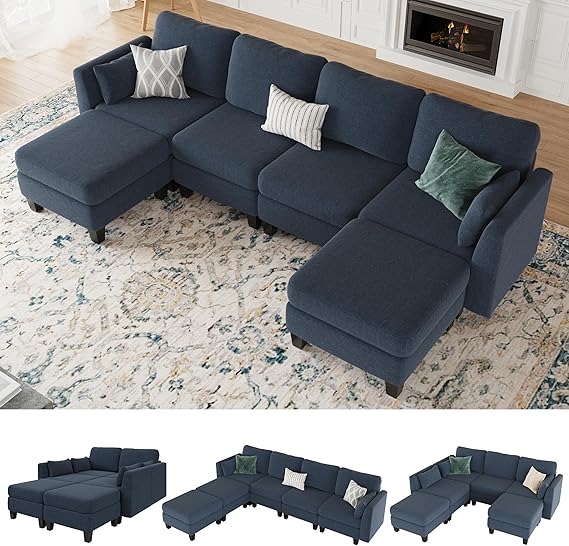 Modular Sectional Sofa, 6 Seat Comfy Modular Sofa Couch with High Density Memory Foam, Convertible U Shaped Sofa Couch for Living Room, Modern U Shaped Sectional Sofa Blue