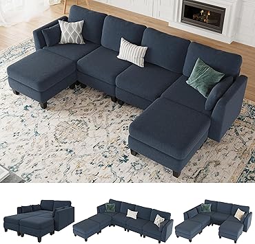 Modular Sectional Sofa, 6 Seat Comfy Modular Sofa Couch with High Density Memory Foam, Convertible U Shaped Sofa Couch for Living Room, Modern U Shaped Sectional Sofa Blue