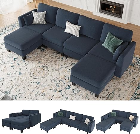 Modular Sectional Sofa, 6 Seat Comfy Modular Sofa Couch with High Density Memory Foam, Convertible U Shaped Sofa Couch for Living Room, Modern U Shaped Sectional Sofa Blue