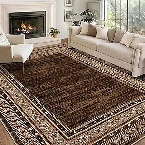 GlowSol Modern Washable Rug 8x10 Rug Bordered Solid Brown Rugs for Living Room Non-Shedding Stain Resistant Large Rug Washable Neutral Rug Non-Slip Bedroom Throw Carpet for Apartment Farmhouse