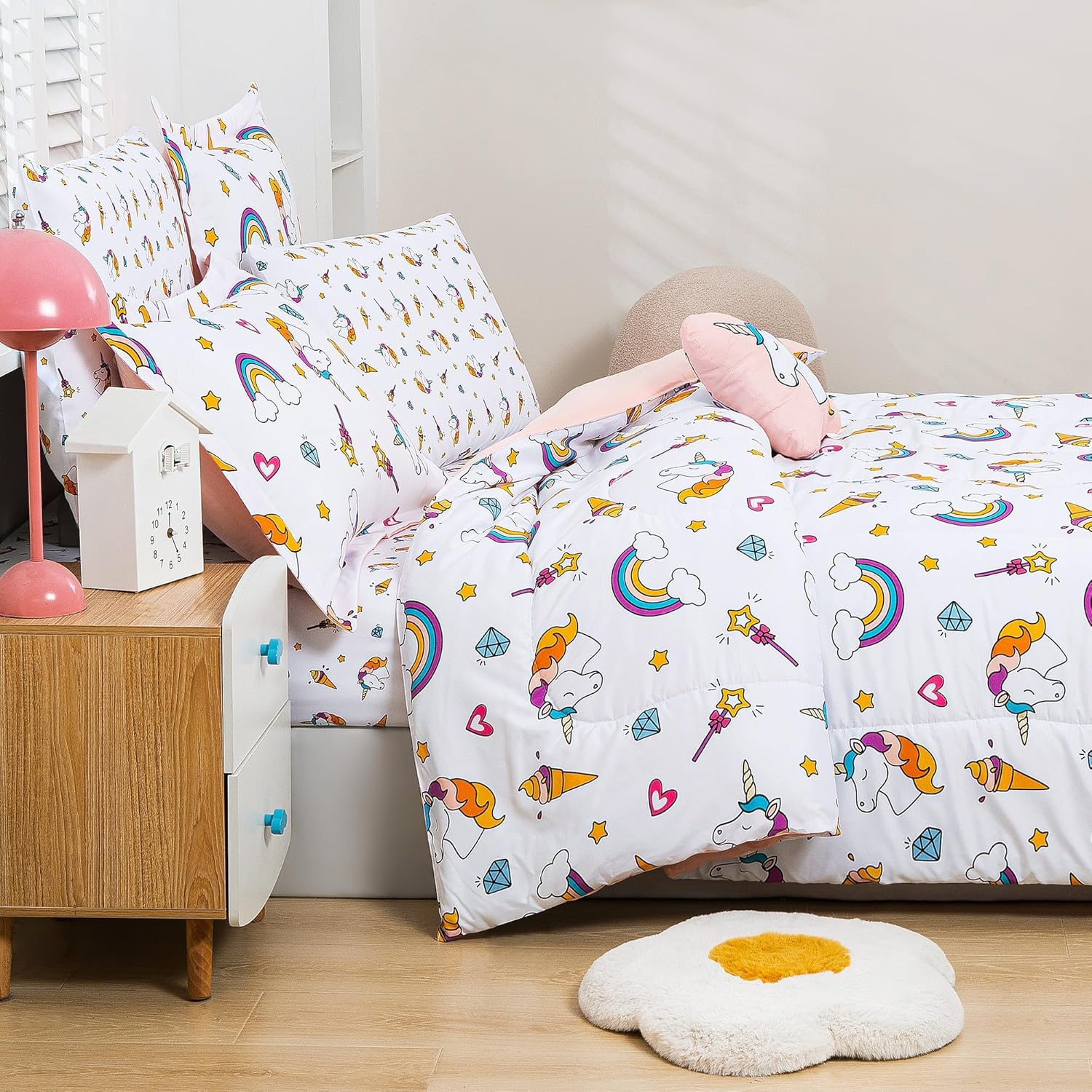 Mooreeke Bed in a Bag for Kids Girls Teens, 6 Pieces Twin Size Comforter Bed Set with Shams, Sheet Set and Decorative Toy Pillow, Unicorn Rainbow Super Soft Microfiber Kids Bedding Set - Image 4