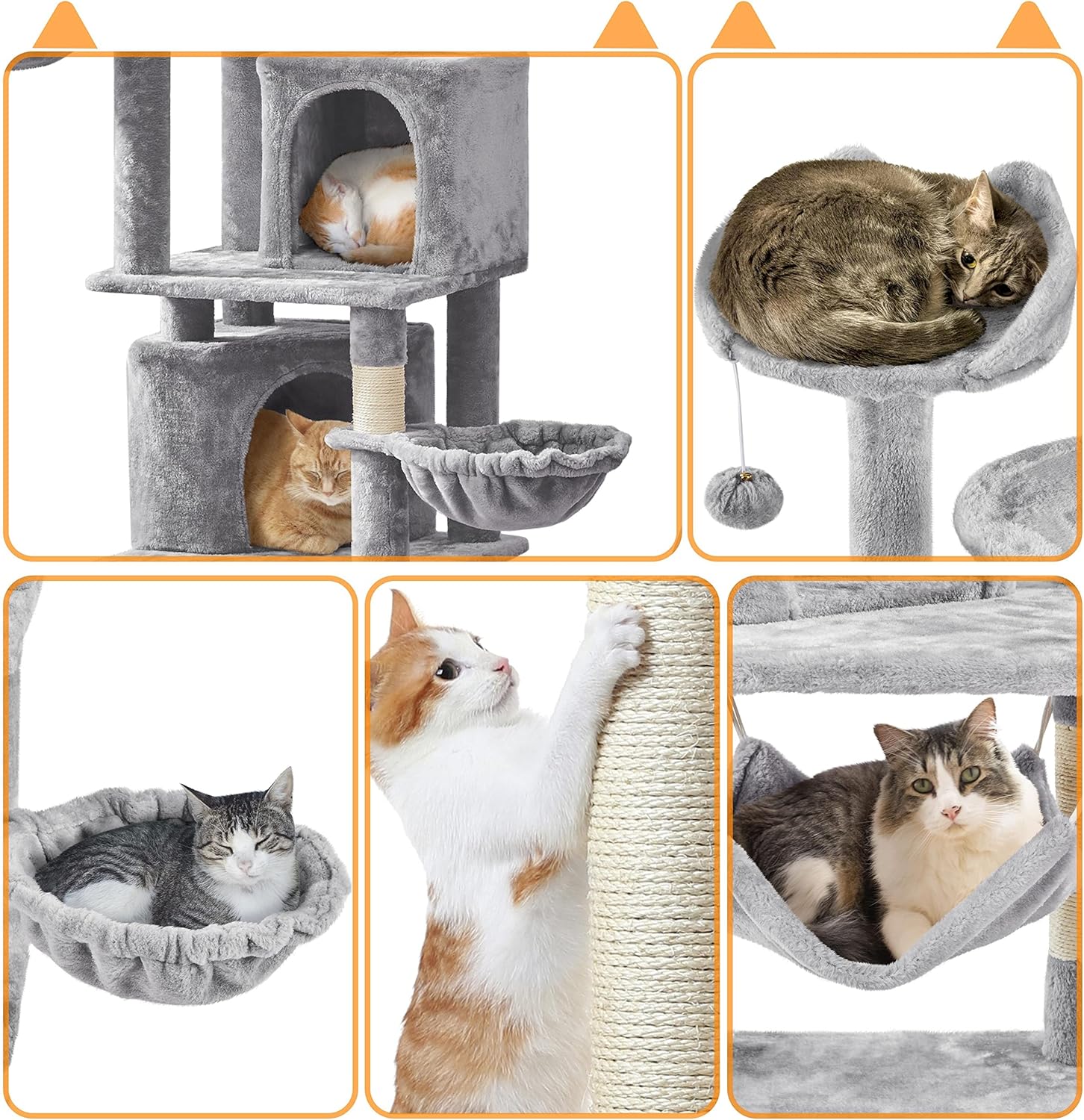 Close-up collage showing various features of the cat tree: cat sleeping in a condo, cat on a top perch, cat in a basket, cat scratching a post, and cat in a hammock.