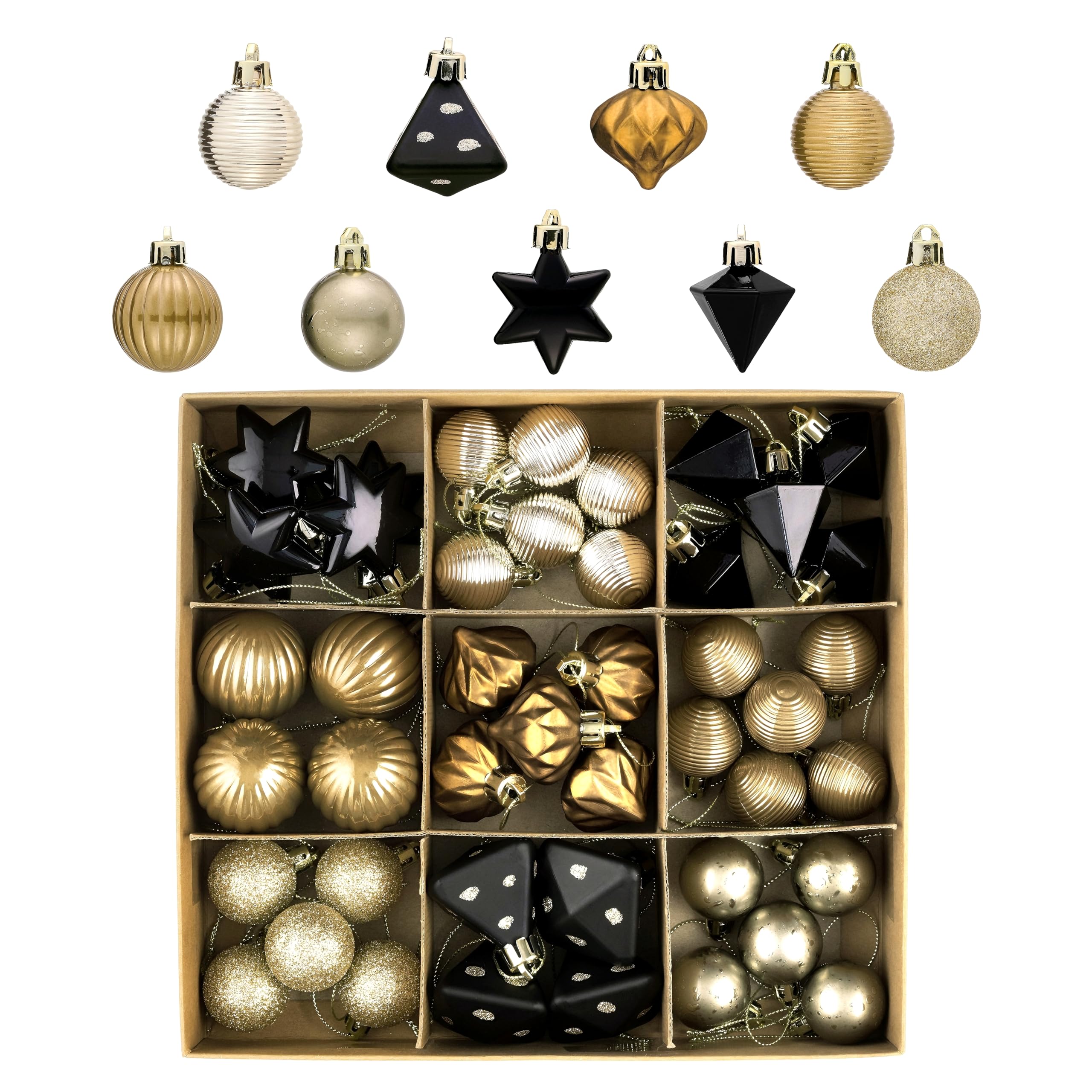 DecorbyHannah 45ct Mini Black Gold Christmas Ornaments Set for Tree Decorations, Shatterproof Small Copper Brown Ball Ornaments for Mini Tree, Table Party Decor
