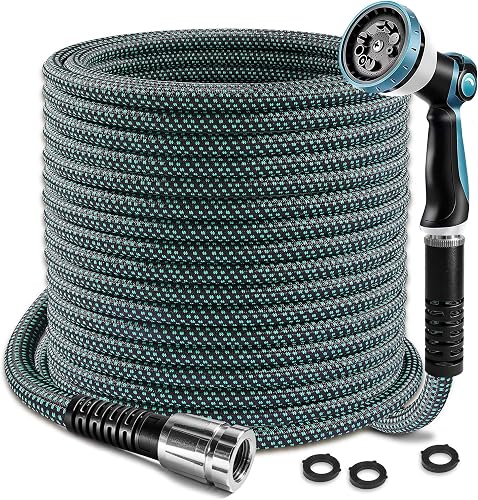 Garden Hose Water Hose 50ft Lightweight Flexible, Kink-Free Outdoor 3/4" Rustproof Metal Fittings, 10-Pattern 360° Rotating Spray Nozzle for Yard Lawn Car Wash