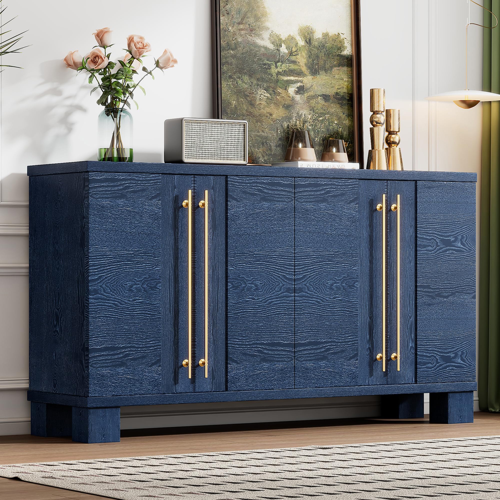 Amposei Modern Sideboard Cabinet 60-Inch Wood Console Storage Cabinet Credenza Dining Buffet Table with 4 Doors and Adjustable Shelves for Living Room