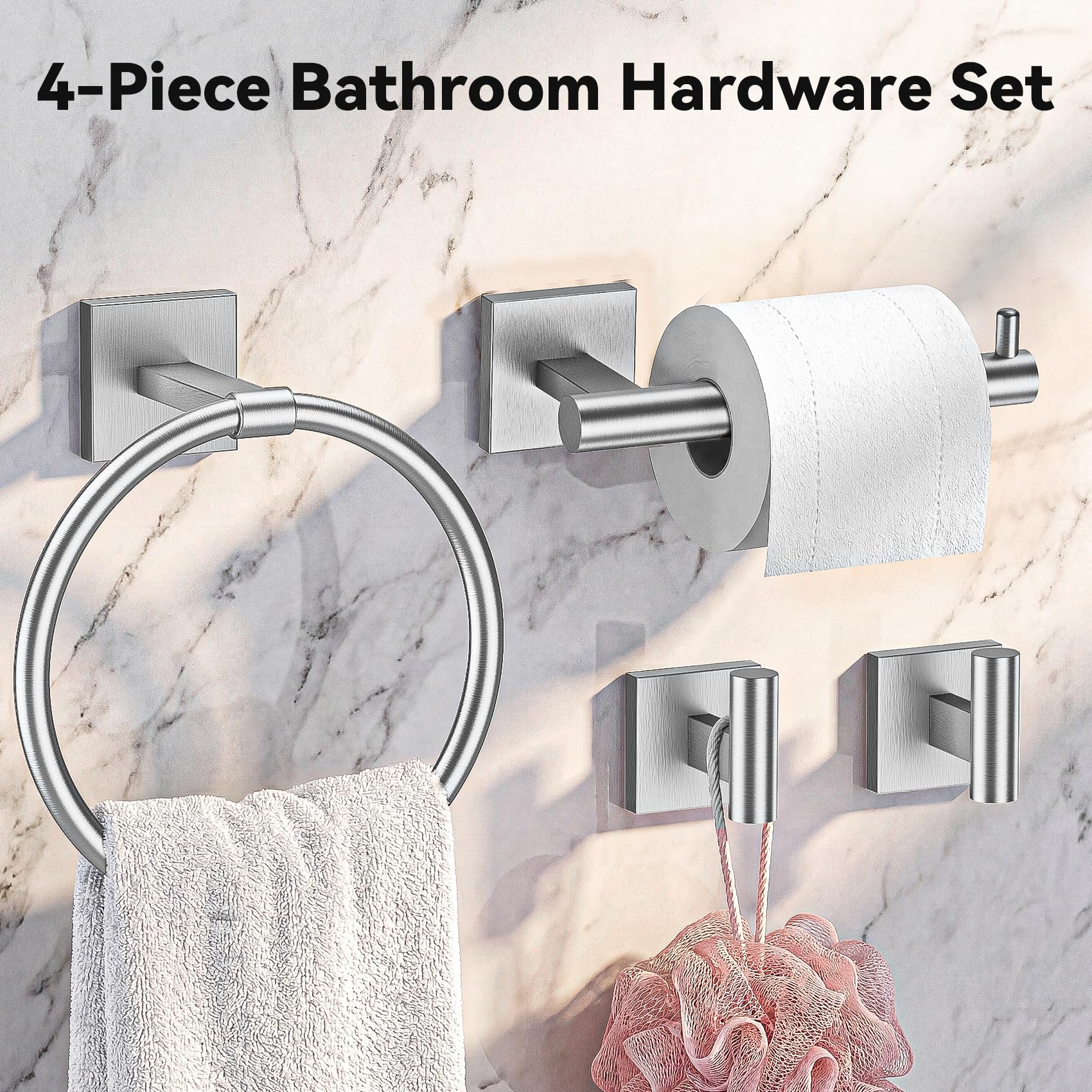 Brushed Nickel Towel Holder Set 4 Piece Bathroom Accessories Set SUS304 Stainless Steel Towel Ring Set Wall Mounted - 2