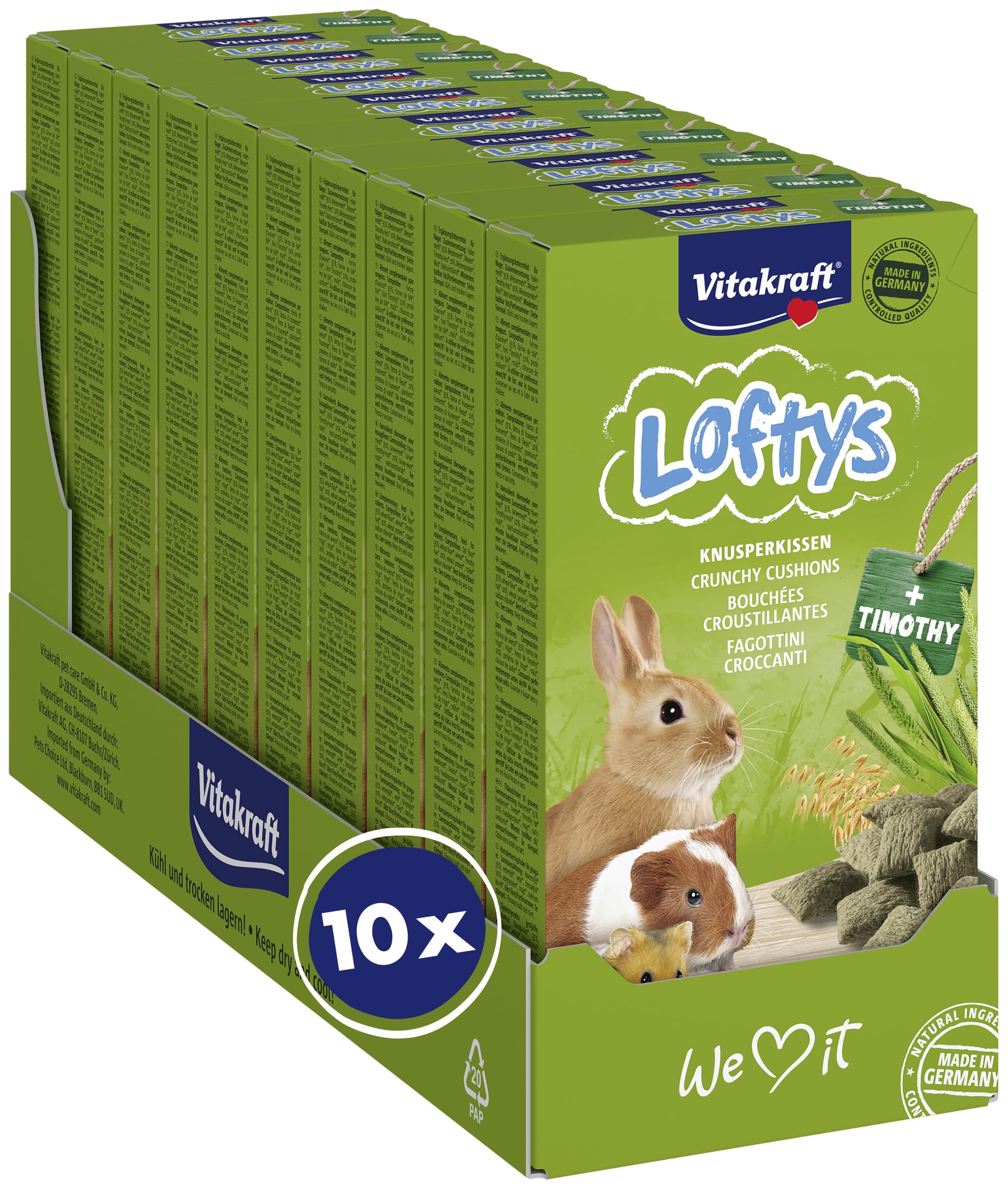 Vitakraft Loftys, Knusperkissen für Nager, Nager Snack, mit Hafer und Timothy Heu, ohne Zusatz von Zucker (10x 100g)