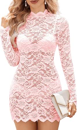 Avidlove Lace Dress for Women Sheer Mesh Long Sleeve Bodycon Mini Dress