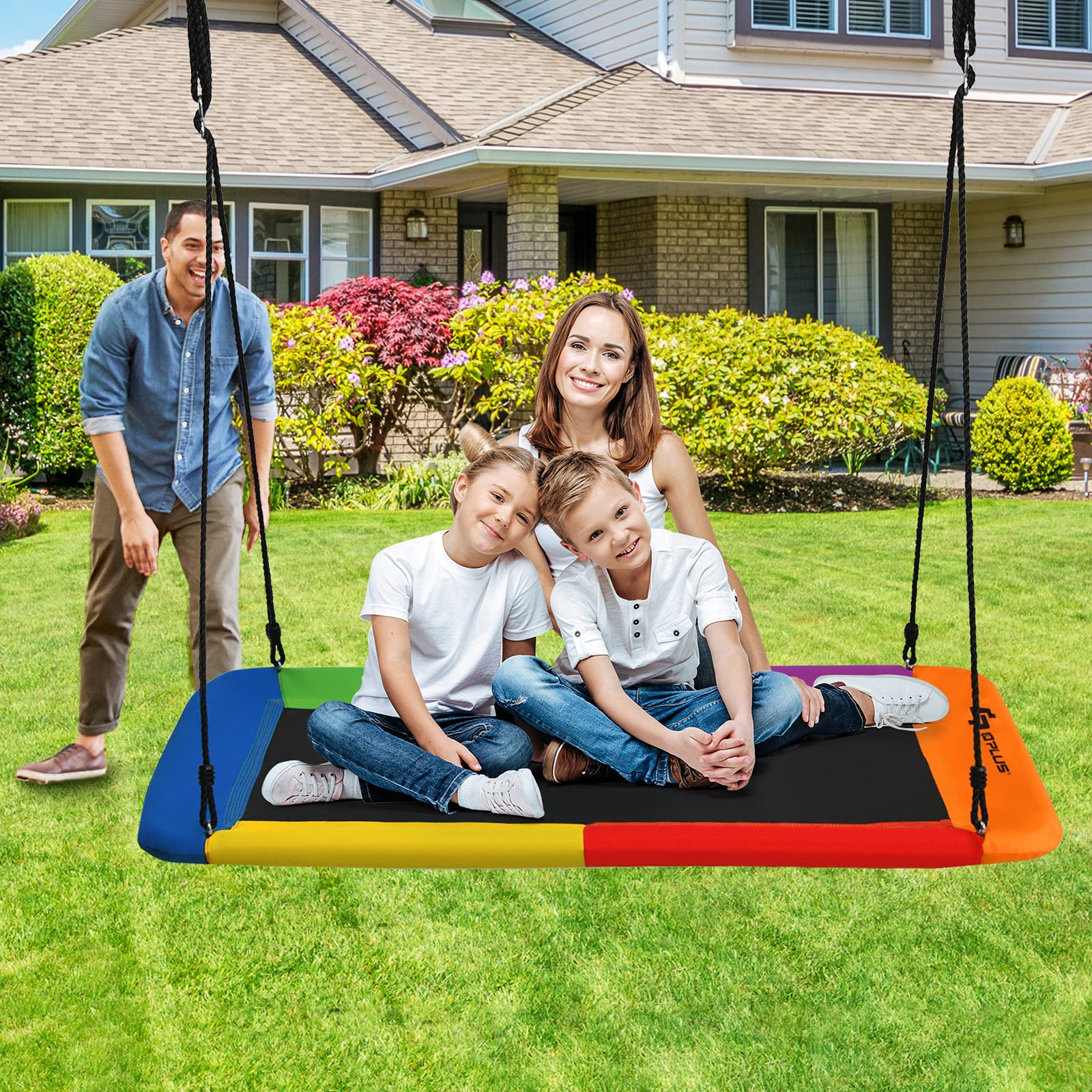 GOPLUS Columpio Rectangular Suspendido al Aire Libre, Nido de Pájaro de Cuerdas Ajustables 100-180CM, Asiento Suspendido al Aire Libre para Niños, hasta 315 KG,150 x 80CM (Multicolor)