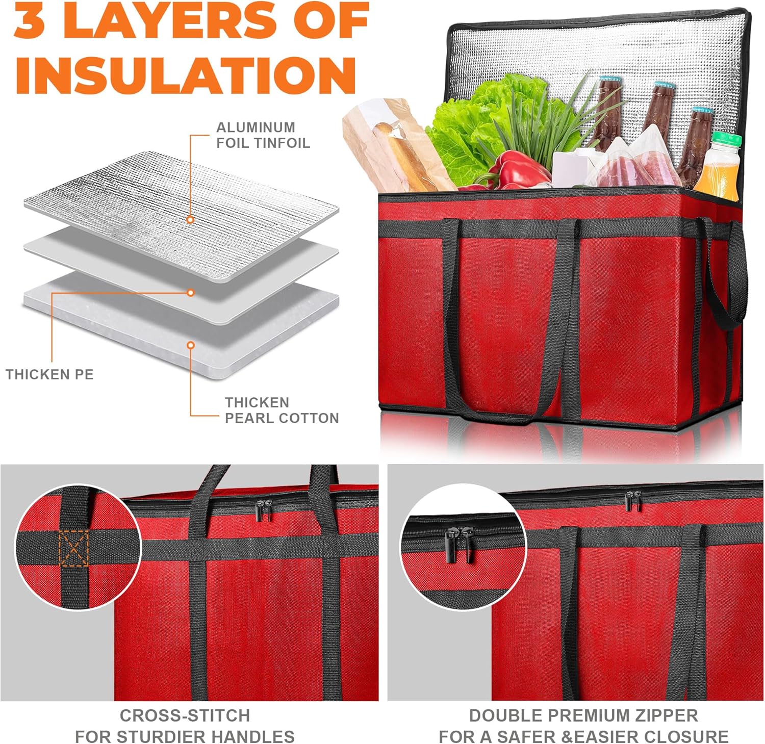 Insulated Food Delivery Bag, Commercial Grade Pizza Carrier for Hot and Cold Food, Large Reusable Catering Cooler Bag 22x15x14, Pizza Delivery Box for Uber Eats, Doordash Essentials - Image 3