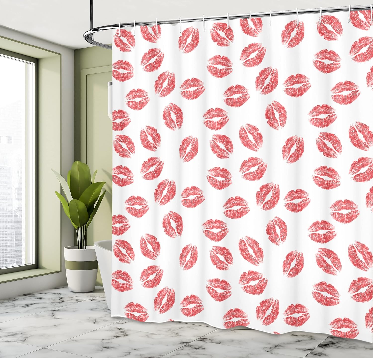 Ambesonne Feminine Shower Curtain, Pattern of Lipstick Kiss Marks Woman Valentines Wedding Theme Illustration, Cloth Fabric Bathroom Decor Set with Hooks, 69" W x 70" L, White Red