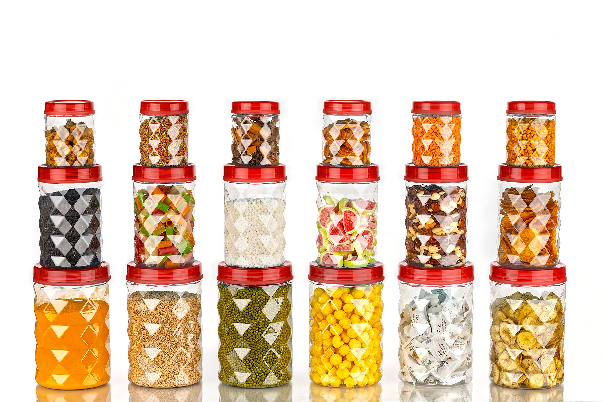 Tosaa Plastic Pet Storage Jar and Container, Set of 18 (6 pcs x 120ml Each, 6 pcs x 650ml Each, 6 pcs x 1.20ltrs Each), Red|Air Tight |Kitchen Organiser|BPA Free|Stackable (B0BVQQLGM3) Amazon Price History, Amazon Price Tracker