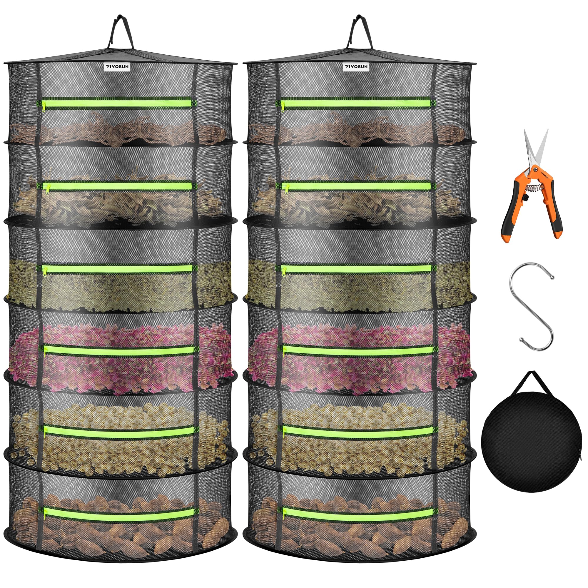 VIVOSUN 2-Pack 6-Layer Mesh Drying Rack Hanging Design with Green Zippers for Dehydrating, Indoor and Outdoor (Pruning Shears Included)