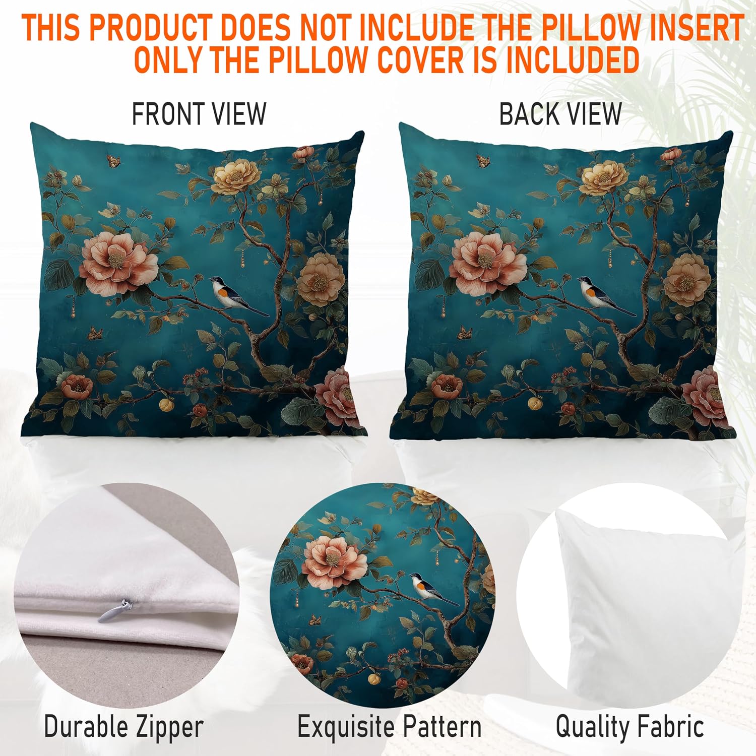 ZJSYXXU Teal Chinoiserie Floral Bird Botanical Pillow Covers 18x18 Set of 2
