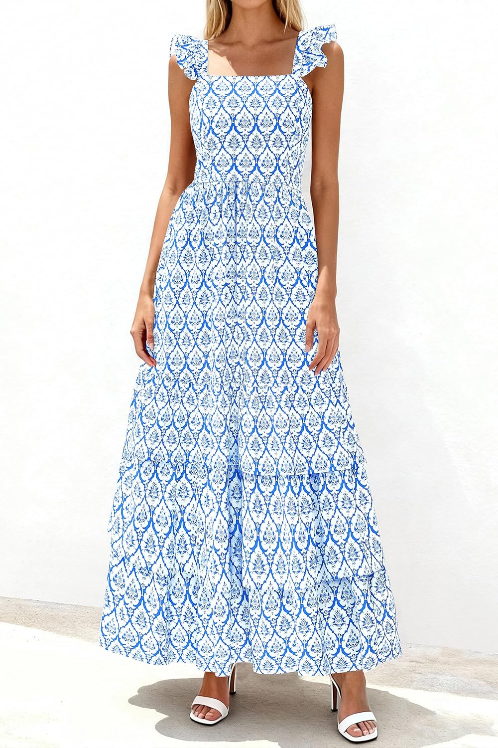 dowerme Summer Dresses for Women 2026 Casual Ruffle Smocked Tiered A-Line Boho Floral Maxi Beach Sun Dress with Pockets