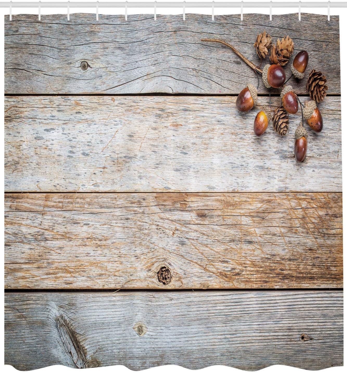Ambesonne Rustic Shower Curtain, Acorns Cones on Weathered Grained Effects Wooden Background Timber Autumn Theme Natural Print Image, Fabric Bathroom Decor Set with Hooks, 69" W x 70" L, Warm Brown