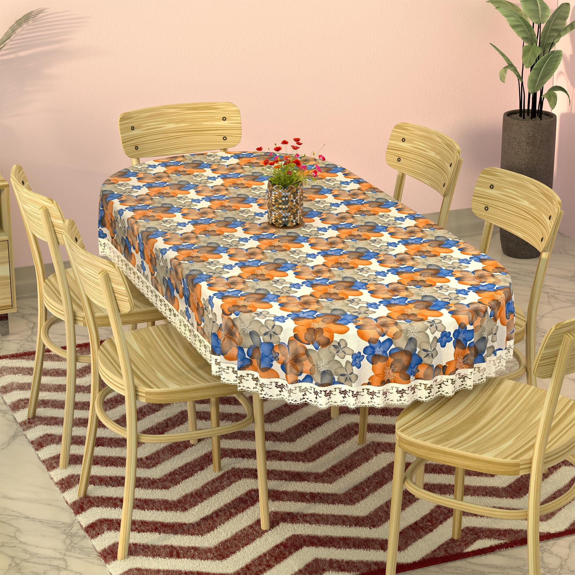 Kuber Industries 60x90 Inch - 6-Seater Oval Shape Dining Table Cover | Table Protector Table Sheet For Dining | PVC Waterproof Tablecloth for Dinner | Multi-Flower-White & Blue