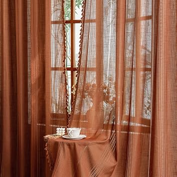 MYSKY HOME Boho Sheer Curtains Macrame Curtain for Bedroom Small Windows, Light Filtering Privacy Protect Drapes Farmhouse Home Decor Hollowed-Out with Tassel Back Tab, 50"63", Terracotta, 2 Panels