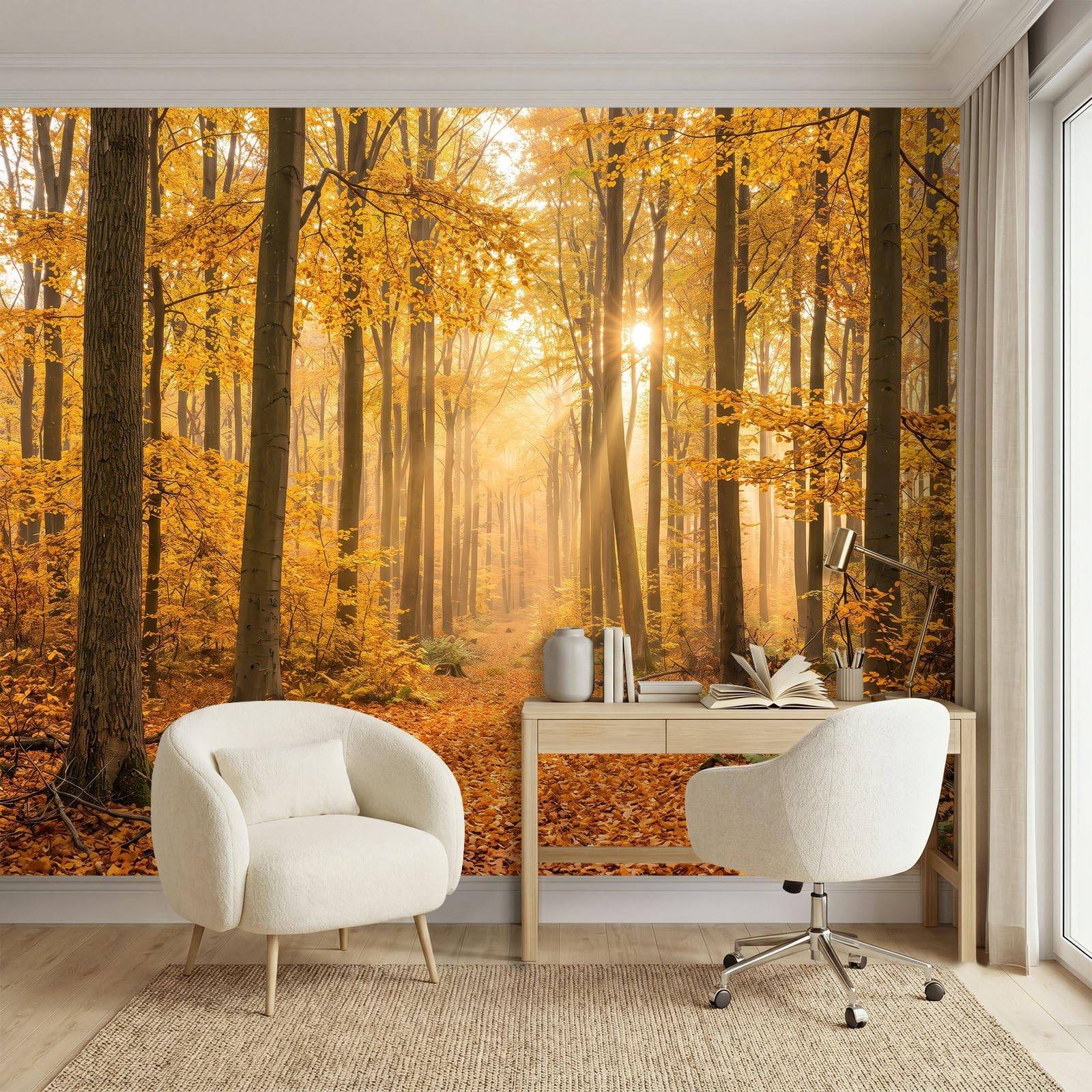 Fototapeta 3D 350 x 256 cm (szer. x wys.), tapeta z włókniny, do sypialni, salonu, wiejska, rustykalna tapeta z włókniny, tapeta ścienna, fototapeta, dekoracja ścienna, pokój dziecięcy, las, jesienne