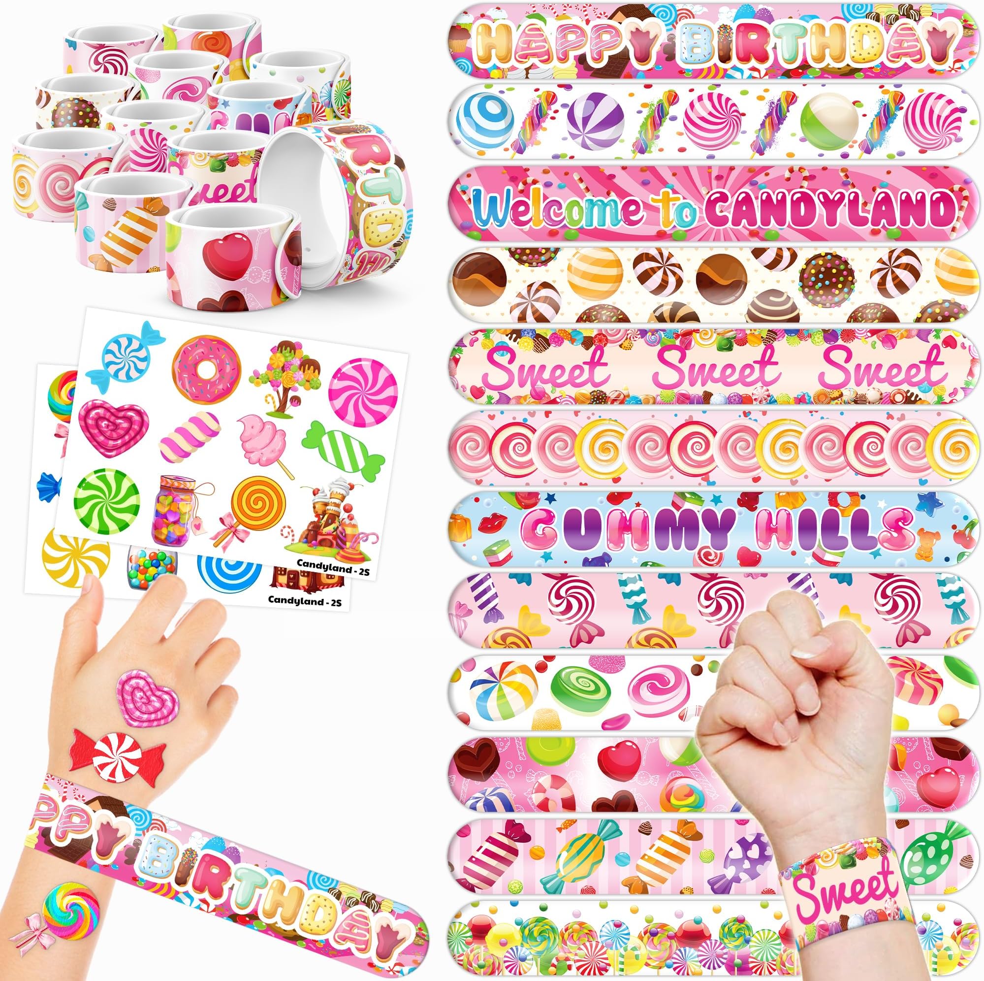 48 PCS Candyland Party Favors 24PCS Tattoos Stickers 24PCS Slap Bracelets Wristbands Perfect for Themed Birthday Baby Showers or Classroom Rewards Ideal Decor and Gifts for Girls and Boys