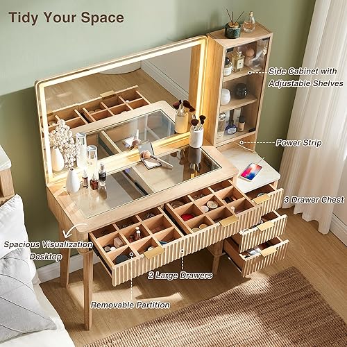 Miniatura 4 de T4TREAM 48" Fluted Makeup Vanity Desk with Large 36" Mirror and Lights, Modern Glass Top Big Vanity Table with 5 Drawers & Adjustable Shelves,