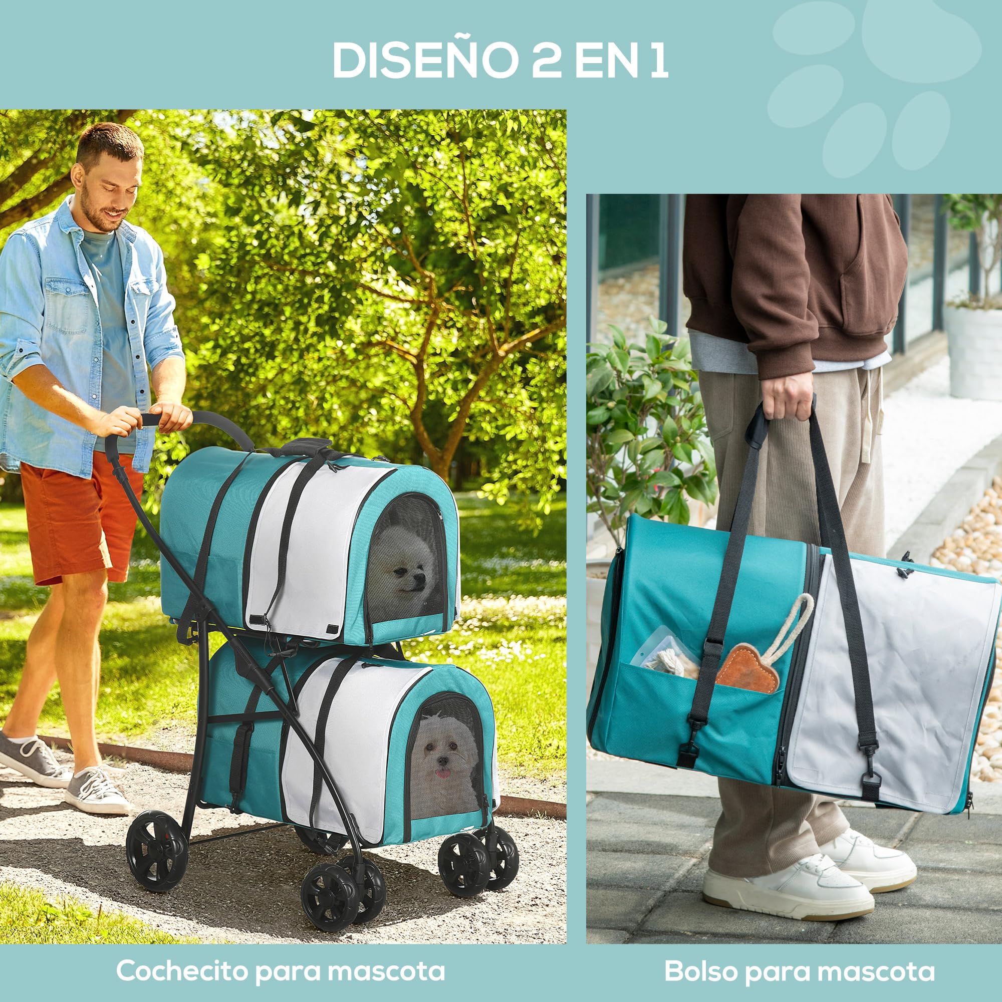 PawHut Carrito Doble para Perros Gatos Cochecito Plegable para Mascotas con 2 Transportines Extraíbles Cinturón de Seguridad Bolsillos Laterales y 2 Cojines Cada Carga 10 kg 66x50x98 cm, Verde